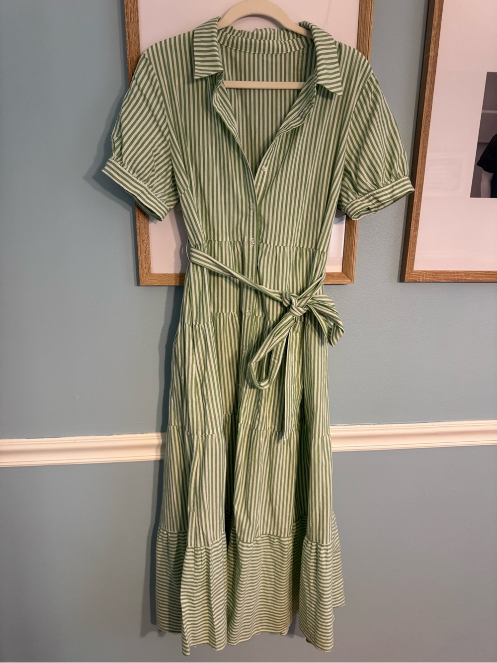 Green Striped Tie-Waist Shirt Dress